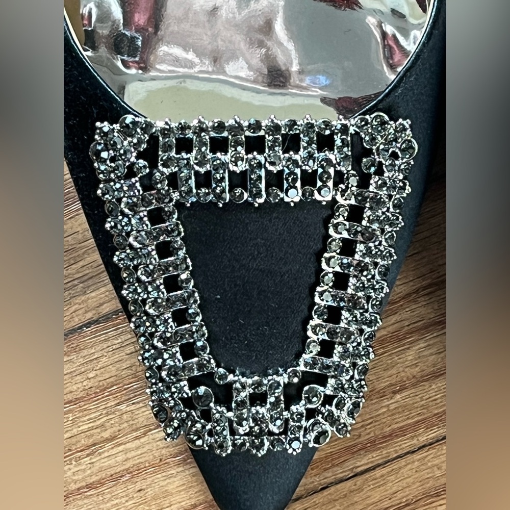 Badgley Mischka Black Enida Satin Crystal Buckle Slingback Pumps Size 11 EUC - Picture 6 of 16